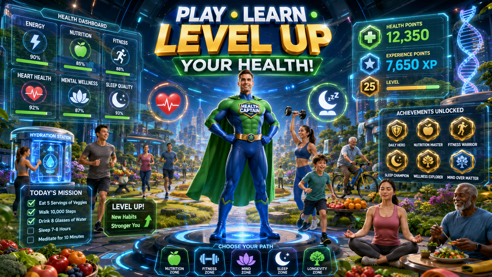 Health Captain in a futuristic wellness game world